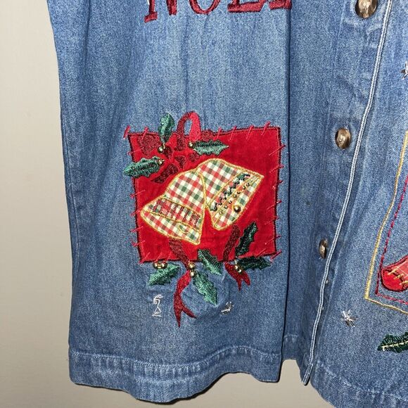 Victoria Jones Vintage Christmas Jean Button Top Blue Denim Embroidered Size Med - Picture 3 of 12